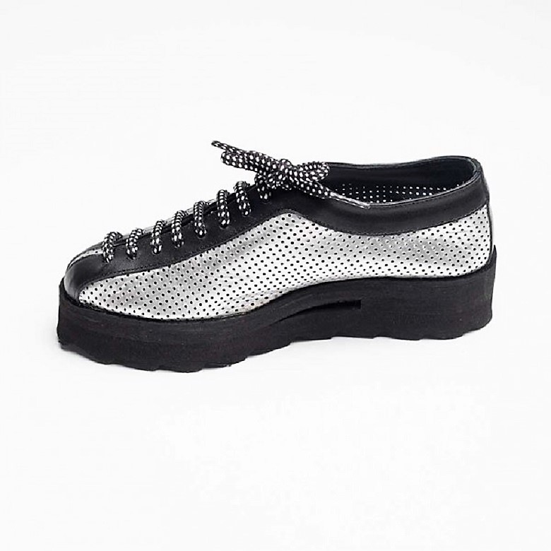 Pantofi din piele naturala perforata, argintiu-negru