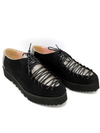 Pantofi negri-argintii din piele naturala cu velur